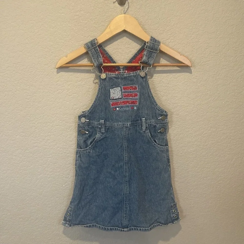 Vintage OshKosh Floral Denim Skirtall Jumper Girls 6 Flag Embroidery July 4th